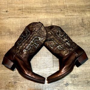 Frye cowgirl boots Daisy Duke Brown Leather Studded Western Womens 9 preowned
